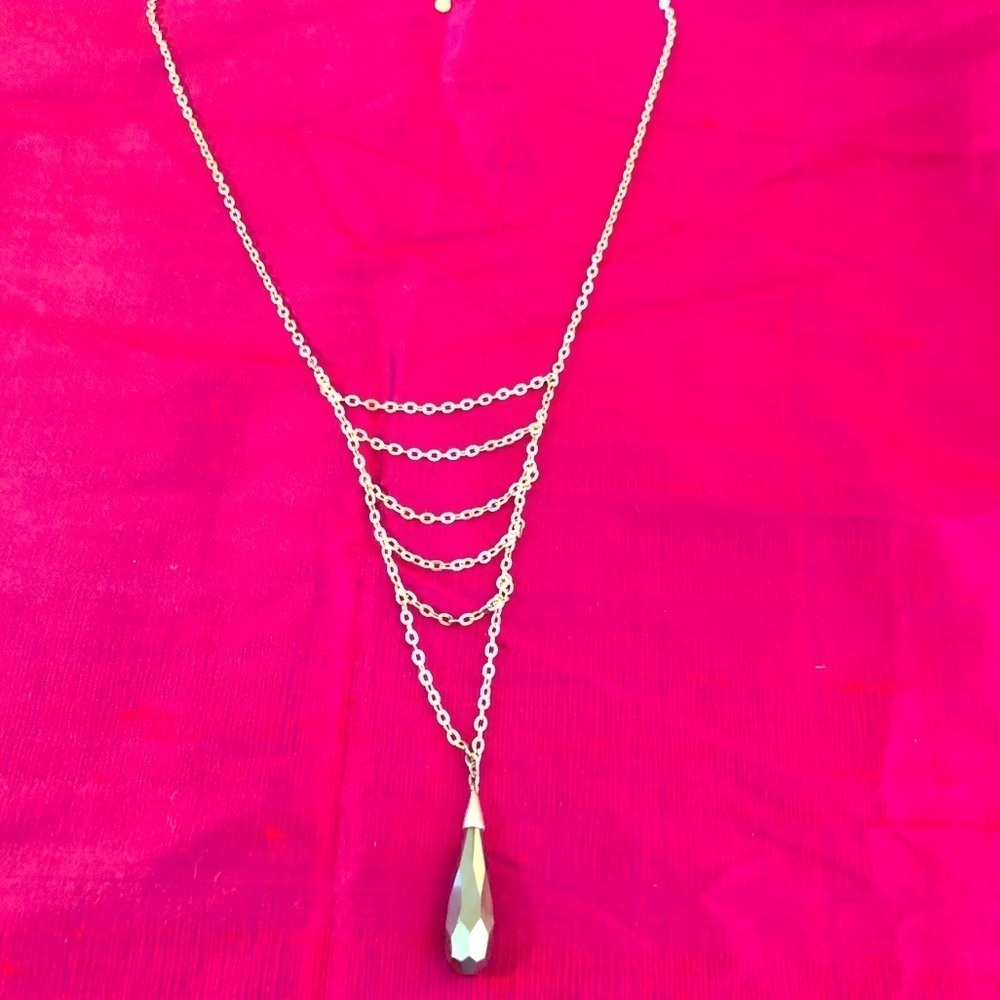 Silver Layered Chain Necklace with Black Teardrop Pendant - Picture 3 of 9
